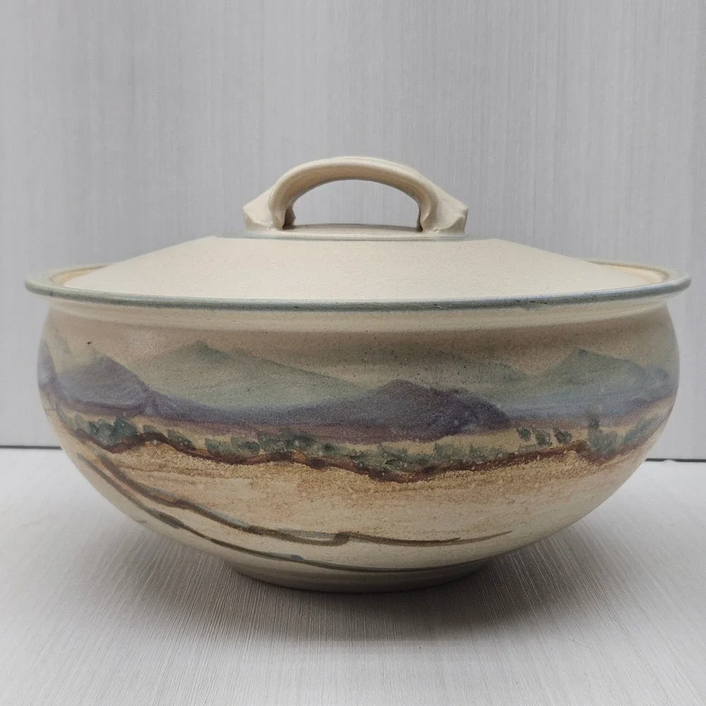 Studio Pottery Desert Landscape Lidded Casserole Dish Southwestern Stoneware